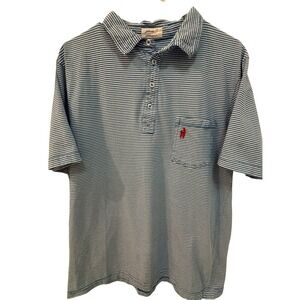 Johnnie O Mens Blue White Striped Short Sleeve Polo Shirt Pocket Red Logo L